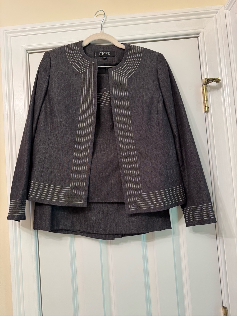 Kasper Dark Gray Collarless Jacket, Skirt, and Tank with Contrasting Topstitch